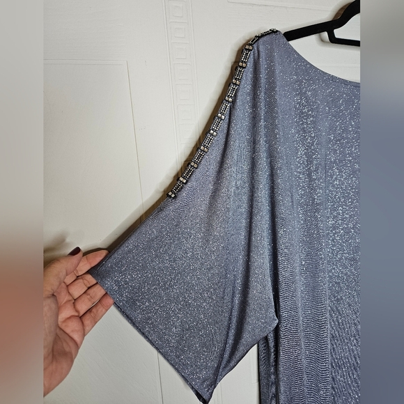 Cachet Blue Gray Mini Dress Cold Shoulder Rhinestone Glitter Cowl Back Sz 16 NWT - Picture 3 of 11